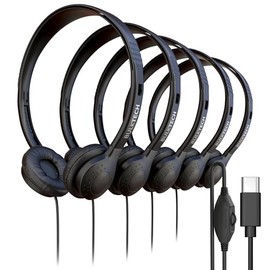 5 Pack Bulk Wired Headphones, Leather, USB-C, On-Ear, Volume Control, Compatible with Phone, Tablet, Laptop, PC for School, Class, Meeting, Conference, Test, Black