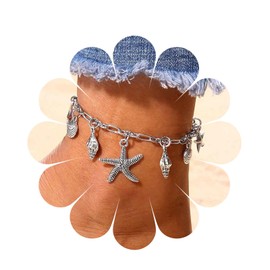 Cimenexe Bohemian Starfish Paperclip Chain Anklet Silver Cowrie Shell Ankle Bracelet Starfish Shell Dangle Ankle Foot Chain Sea Star Ankle Chain Bracelet Jewelry for Women and Girls