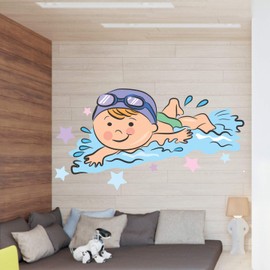 StickMe 'Cute Boy Swimming Baby - Kids - Learning Education Nursery Pre School Kinder Garden Wall Sticker ' -SM402 (PVC Vinyl - 100cm X 55 cm)