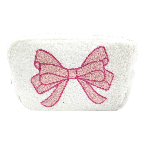 Malibu Sugar Cute Makeup Bag White Sherpa with Pink Bow