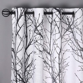 FMFUNCTEX Linen Semi Sheer Curtains for Bedroom, Black White Curtains 45 Inches Long for Living Room, Grey Tree Branch Patterned Curtain Light Filtering Kitchen Window Drapes, Grommet Top 2 Panels