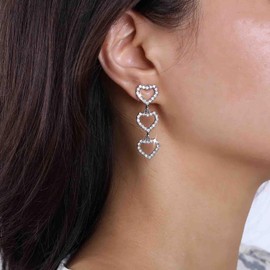 Atentuyi Boho Cz Heart Drop Earrings Silver Long Tassel Heart Dangle Earrings Cz Hollow Heart Earrings Sparkly Rhinestones Earrings Heart Chain Earrings Jewelry for Women and Girls