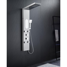 MENATT Luxury Shower Tower System with LED Shower Head, 5 Functions Shower Panel Tower System with 4 pcs Body Massage Jets,Body Waterfall Spray, Handheld Shower and Tub Spout, Brushed Finish