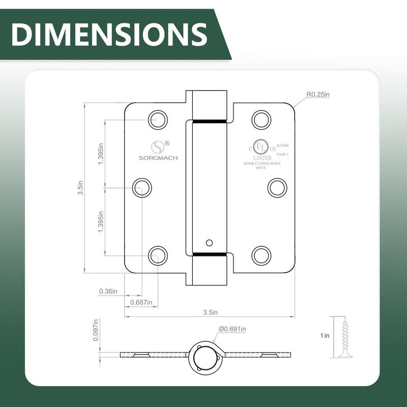 SORGMACH Self Closing Hinge 3 ½"x 3 ½" Adjustable 3