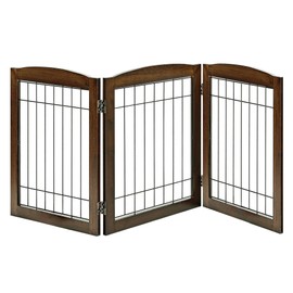 LZRS 3-Panel Freestanding Foldable Wooden Dog Gate –Solid Wood & Steel Wire Chew-Resistant Indoor Safety Pet Fence for Doorways & Stairs, Ideal for Small to Medium Dogs & Puppies, Walnut