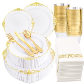Hioasis 350PCS White and Gold Plastic Plates & Gold Plastic Silverware&Disposable Dinnerware Set - Include 50Dinner Plates,50Dessert Plates,50Forks,50Spoons,50Knives,50Cups,50Napkins for Party.