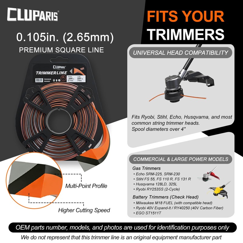 Cluparis .105-Inch Heavy Duty Trimmer Line, 1lb 237ft Professional Square