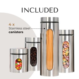 JS Gourmet 4 Pcs Stainless Steel Canisters Set for Kitchen with Glass Window and Airtight Lid, Perfect for Storing Coffee, Spaghetti, Sugar, Beans and Dry Ingredients (Silver)