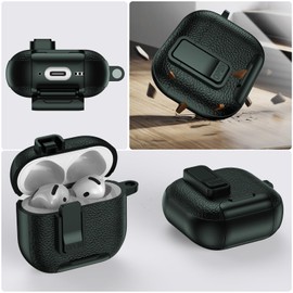 Ephoou Case for AirPods 4th Gen 2024 with Stand and Security Lock, PC+TPU Shockproof Leather Texture Cover with Carabiner Keychain for AirPods 4 PW-Green