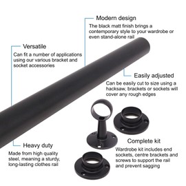 Wardrobe Rail Black Mounted Kit for Clothes Hanging (1 rail, 2 end sockets, 1 centre bracket, screws) (25 x 1219 mm)