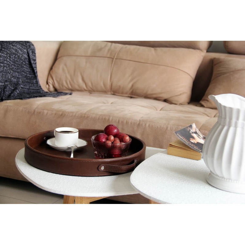HofferRuffer Top Nocth PU Leather Round Serving Tray, Decorative Serving