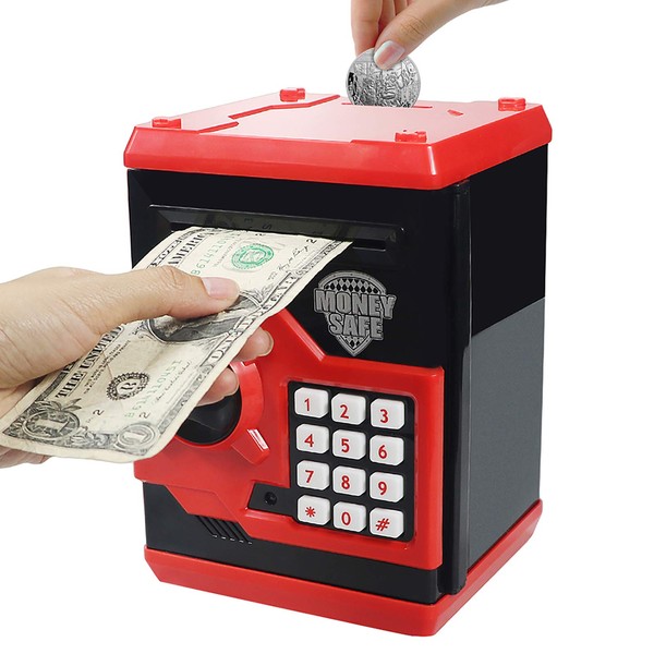 Cargooy Mini ATM Piggy Bank ATM Machine Best Gift for Kids,Electronic Code Piggy Bank Money Counter Safe Box Coin Bank for Boys Girls Password Lock Case (Red)