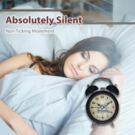 A5 Twin Bell Non-Ticking Silent Bedside Alarm Clock, Retro, Victorian Style, Metal Construction, Ø8cm, Analogue, Extra Loud, with Nightlight, for Bedroom Office Travel Elderly Children Girl (BLACK)