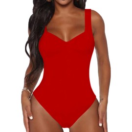 BelleLovin Women's Sweetheart Square V Neck sleeveless Tank Tops Bodysuits, Red, XX-Large