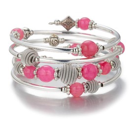 PEARL&CLUB Beaded Chakra Bangle Turquoise Bracelet - Fashion Jewelry Wrap Bracelet with Thick Silver Metal and Mala Beads, Birthday Gifts For Women(Hot pink)