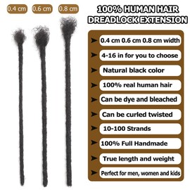 Dreadlock Extensions Human Hair 10-100 Strands 100% Full Handmade Permanent Loc Extension Human Hair for Women/Men/Kids Can Be Dyed Bleached Curled Twisted (0.4cm 1B, 8 inch 100 Strands)