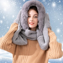 keyaway 3 in 1 Winter Hat Scarf Glove Set for Women,Warm Women Siamese Hooded Scarf Gloves Pocket Hat Long Scarf Shawl Wraps Coral fleece (Grey)