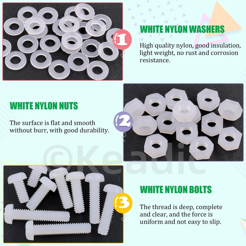 Keadic 360Pcs M5 White Nylon Plastic Pan Round Head Screws,