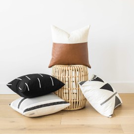 Woven Nook Decorative Throw Pillow Covers, 100% Cotton with Faux Leather, Zulu Set, Pack of 4 (18" x 18")