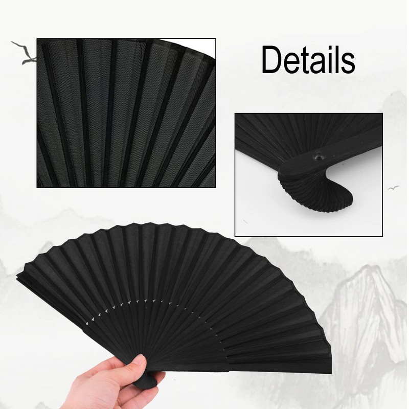Karjiaja 3 Pcs Folding Handheld Fan - Black Chinese Bamboo