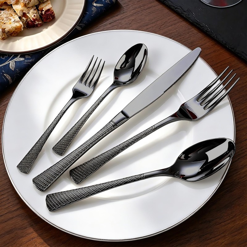 Hammered Black Stainless Steel 20-Piece Flatware Set