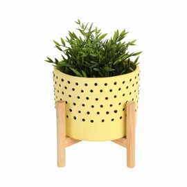 Sagebrook Home Stoneware Ceramic Planter with Stand - Modern Yellow Flower Pot - Indoor Outdoor Decorative Plant Holder - 9" with Wooden Stand