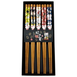 Reusable Chopsticks Japanese Natural Wooden 5 Pairs Lightweight Chop Sticks 8.8 Inch/22.5cm Gift Set souvenir (1-NEKO)