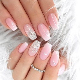 Bellelfin 24Pcs Short Coffin Press on Nails, Ballerina Pink White Ombre Fake Nails Glossy Gradient False Nail with Glitter Design, Acrylic Glue on Nails for Women Girls Artificial Fingernails