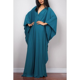 LikeJump Women's Boho Kimono Long Kaftan Dress Beach Dresses Cardigan Pareo Bikini Cover Ups, B Dark Cyan