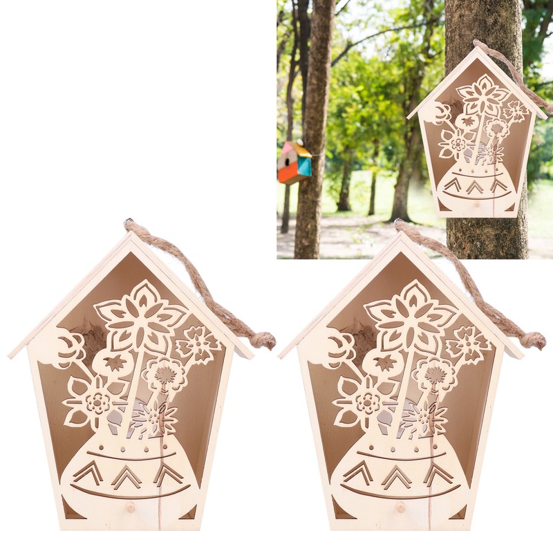 2Pcs Bird House with Warm Light Hollow Flowers Patterns Bird