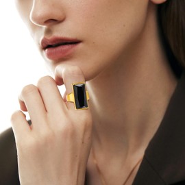 VNOX Vintage Fashion Stainless Steel Gold Plated Rectangular Black Glass Crystal Cocktail Statement Onyx Ring for Women,Antique Women Jewelry Gift,Size 6