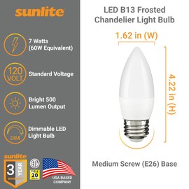 Sunlite LED B13 Torpedo Decorative Chandelier Light Bulb, 7 Watts (60W=), 500 Lmns, 120 Volts, Dimmable, E26 Base, 90 CRI, ETL Listed, Torpedo Frosted, Title-20, 4000K Cool White, 6 Pack