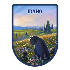 Die Cut Sticker Idaho, Lithograph, Bear Family in Field, Vinyl Sticker 3 to 6 inches, (Waterproof Decal for Cars, Water Bottles, Laptops, Coolers), Large
