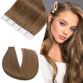Rich Choices Tape-In Real Hair Extensions, 55 cm, 20 Pieces, #6 Light Brown Hair Extensions, Real Hair, Remy, Silky Straight, Invisible Tape-In Hair Extensions, Natural Hair Thickening