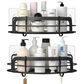 STEUGO Black Bathroom Corner Shower Shelfs, Adhesive Wall Mounted Shower Caddy with 4 Movable Hooks, Rustproof Stainless Steel Bathroom Shower Organizer, No Drilling Wall Mount 2-Pack
