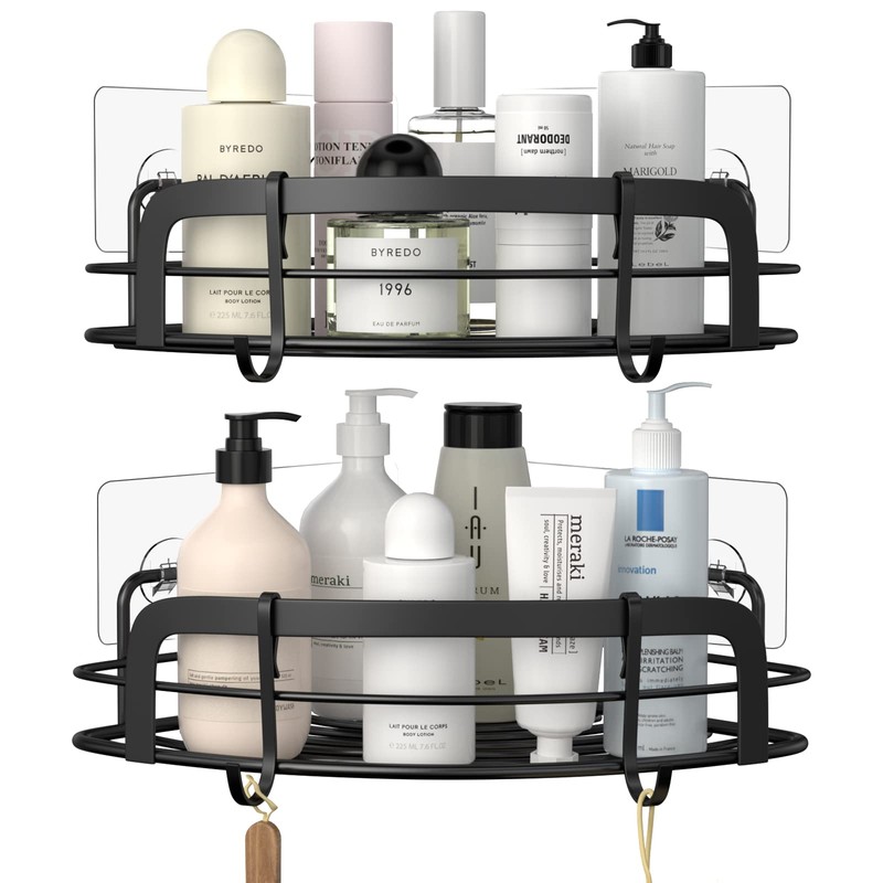 STEUGO Black Bathroom Corner Shower Shelfs, Adhesive Wall Mounted Shower