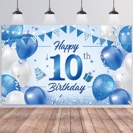 10th Birthday Backdrop Banner,BTZO Happy 10th Birthday Decorations,Blue White Fabric Photo Backdrop Background for Boys and Girls 10th Birthday Party,180×110cm