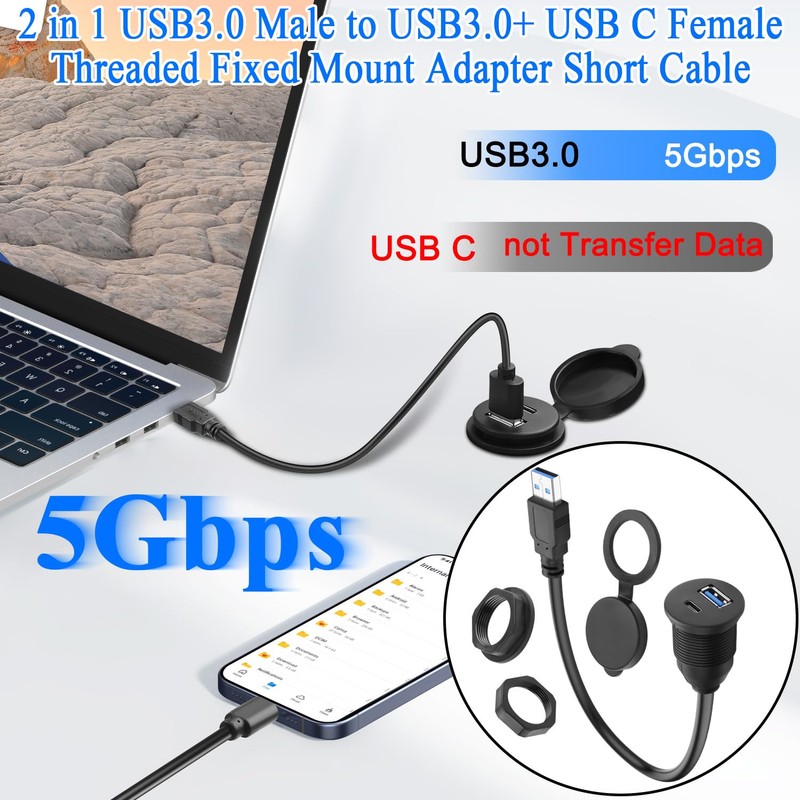 QIANRENON 2-in-1 USB3.0 to USB3.0 & USB C Threaded Fixed