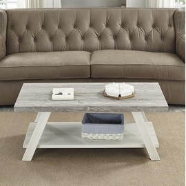 Roundhill Furniture Athens Contemporary Wood Shelf Coffee Table, Weathered Gray and Beige