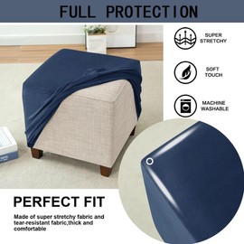 Bifaunvogel Ottoman Cover Square Velvet Storage Ottoman Slipcovers Thick Stretch Footrest Foot Stool Covers Protector with Elastic Band(Large-Navy)