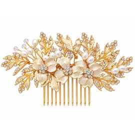 Gold Bridal Hair Comb, Pearl Crystal Floral Hair Clip, Wedding Fascinator