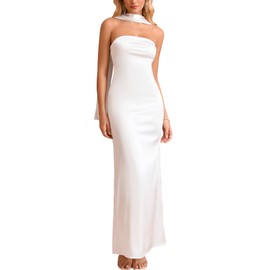 EYNMIN Women's Tube Maxi Dress with Scarf Satin Strapless Elegant Long Formal Wedding Guest Dresses White