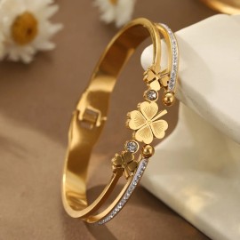 1 Bangle Summer Golden 304 Stainless Steel Lucky Four-Leaf Clover Bracelet High Quality Synthetic Jewelry AccessoriesColor: Gold, Length: 2.36in