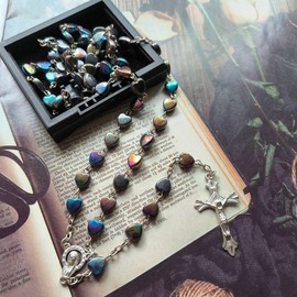 PINKFAITH Heart Beads Crucifix Rosary Beads Rugged Cross Long Necklace Strong Corded Catholic Pardon Necklace Holy Soil Medal Christian Religious Catholic Rosaries for Women