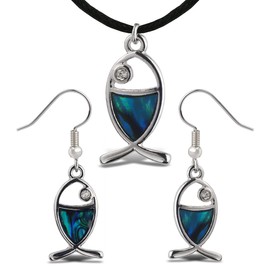 Aqua79 Christian Fish Necklace & Earrings Jewelry Set - Silver Pendant with Black Cord Necklace & Dangle Hook Earrings Made with Natural Paua Abalone Shell - 18 Inch
