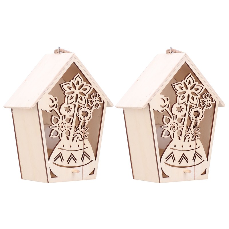 2Pcs Bird House with Warm Light Hollow Flowers Patterns Bird