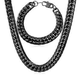 U7 Steel Based Black Gun Plated 12MM Chunky Big Chain For Men Franco Curb Necklace Link Bracelet Set - 26"/8.3"