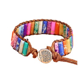 KunBead 7 Chakra Imperial Jasper Bracelets for Women Healing Crystal Natural Stone Bead Leather Wrap Family Tree Adjustable Bracelets