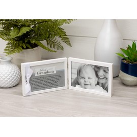 First Grandchild Picture Frame- White Double Hinged Tabletop Photo Frame Holds 4"x6" Pictures or Ultrasounds- Includes Beautiful Sentiment/Poem and Accented White Ribbon (Grandson)