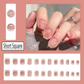 Press on Nails Short Medium Square Fake Nails with Simple Flower Design, Press ons Artificial Acrylic Full Cover False Stick on Nail for Women Daily Wear Wedding Manicure 24Pcs